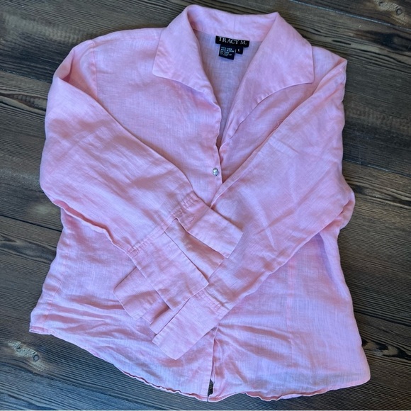Pure linen pink blouse rhinestone buttons Floral Rose Detail size large - Picture 8 of 10